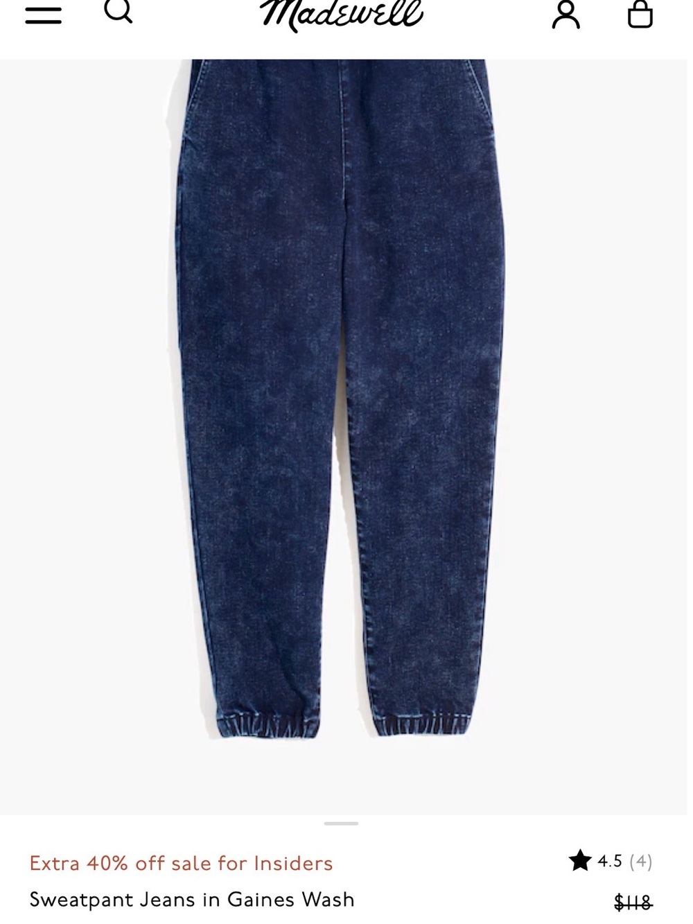 Madewell Sweatpant Jeans Elastic Waist Denim Jogger in 90s Dark Acid Wash - S